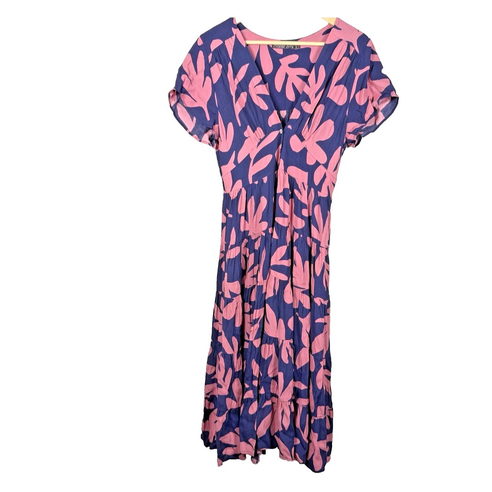 Mister Zimi Maxi Dress US 8 AU 12 Pink Navy Abstract Floral Tiered Boho Resort